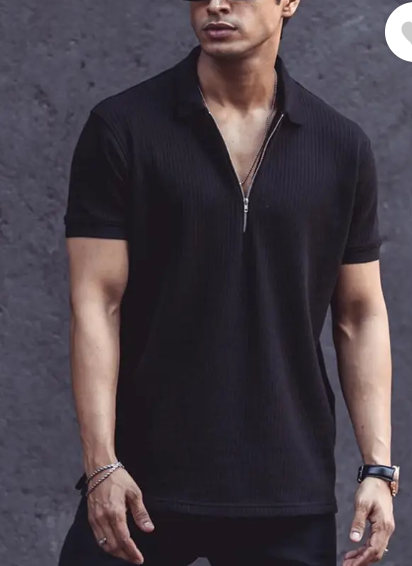 Men Self Design Zip Neck Cotton Blend Black T-Shirt